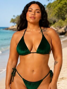 Fashion Nova Emerald Green Velvet Triangle String Bikini Set NWT
